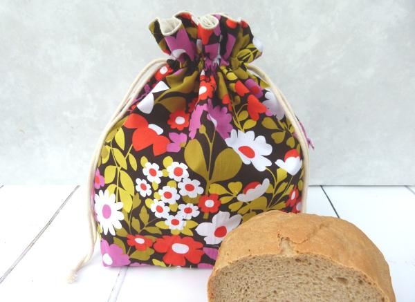 Brotbeutel, Brotkorb, Brot lange frisch halten -  "Flower Power auf schwarz"